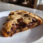Close-up of a thick, soft chocolate chip cookie cut in half, showing melted, gooey chocolate filling.