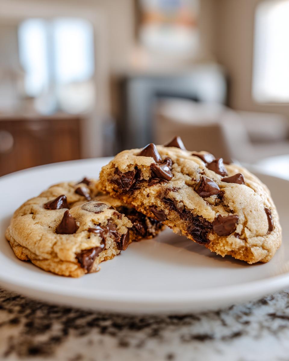 A close-up of a soft, gooey chocolate chip cookie broken in half, showing melted chocolate chips.