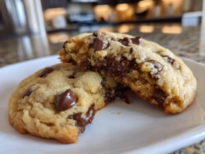 Close-up of a perfectly baked chocolate chip cookie broken in half, showing a gooey, melted chocolate center.