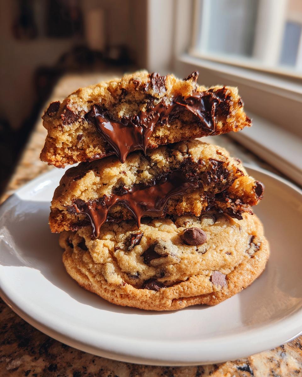 Two halves of a warm chocolate chip cookie stacked, showing molten, gooey chocolate filling dripping out.