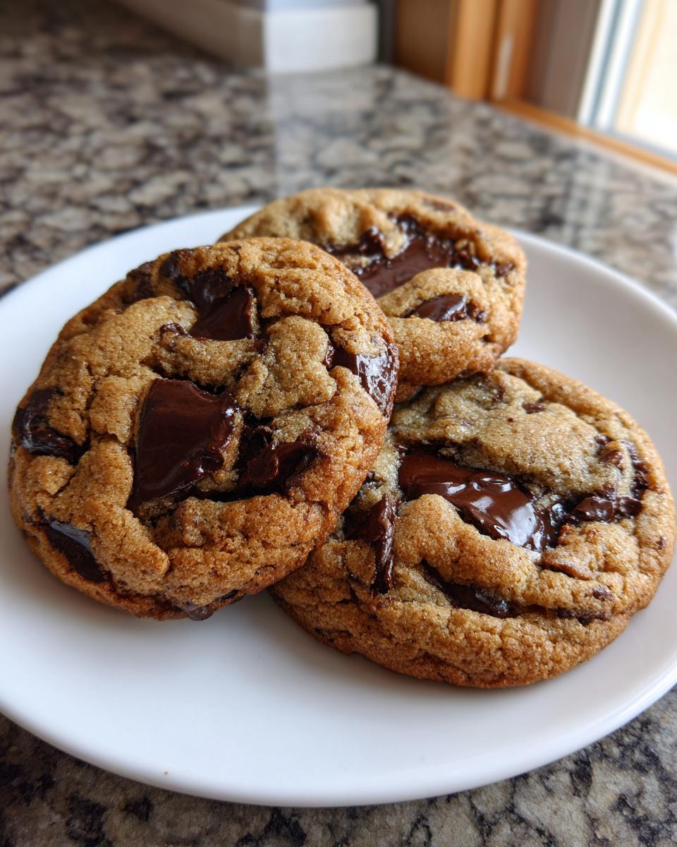 Three freshly baked, thick chocolate chip cookies with melted chocolate chunks resting on a white plate.