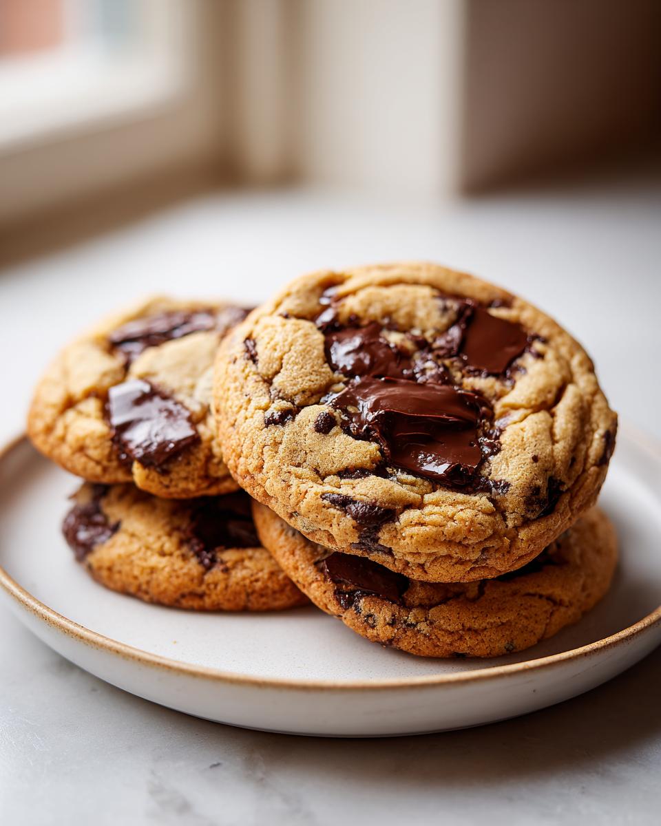 A stack of four perfectly baked, thick chocolate chip cookies with melted chocolate chunks on a light plate.