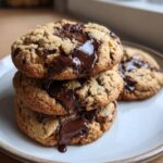 A close-up stack of three freshly baked chocolate chip cookies with gooey, melted chocolate oozing out.