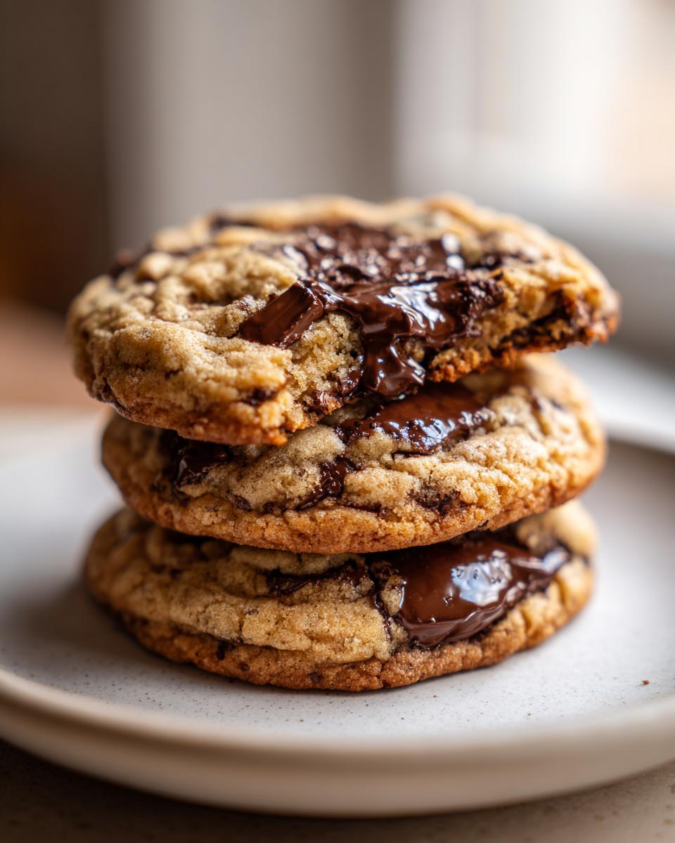 A stack of three warm, gooey chocolate chip cookies with melted chocolate chunks on a light plate.
