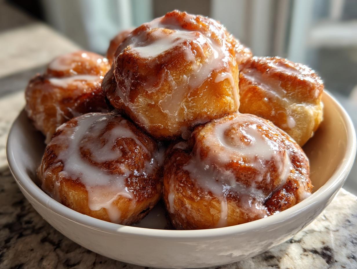 A close-up of several warm, glazed cinnamon roll bites piled high in a white bowl.
