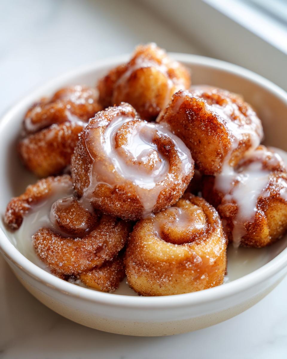 Close-up of several gooey cinnamon roll bites, coated in cinnamon sugar and drizzled with white icing.