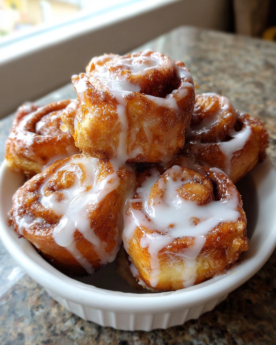 Close-up of several gooey cinnamon roll bites stacked in a white bowl, drizzled with thick white icing.