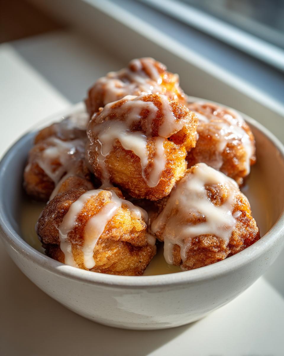 A close-up of several golden brown cinnamon roll bites drizzled with white icing, served in a light bowl.