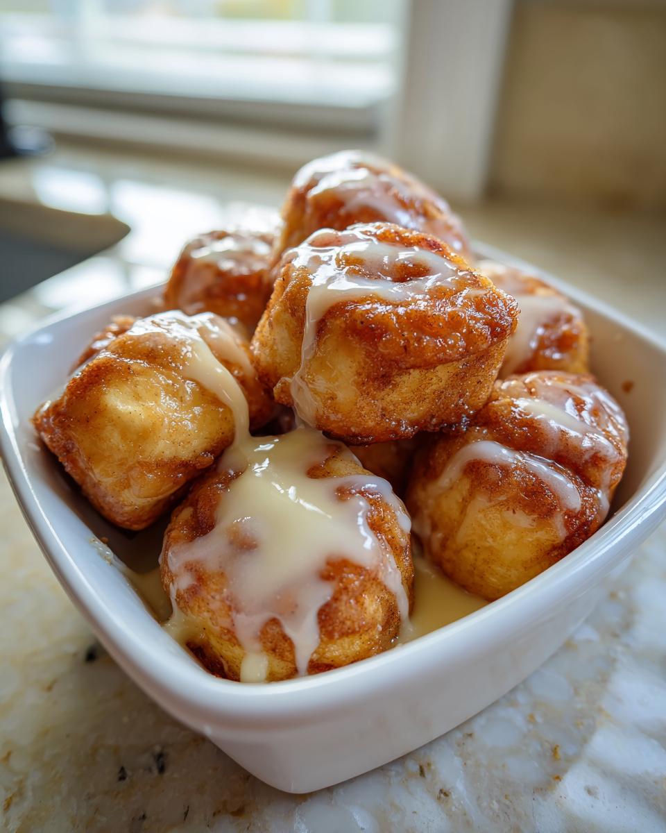 Close-up of several gooey cinnamon roll bites drizzled generously with white icing in a small white bowl.