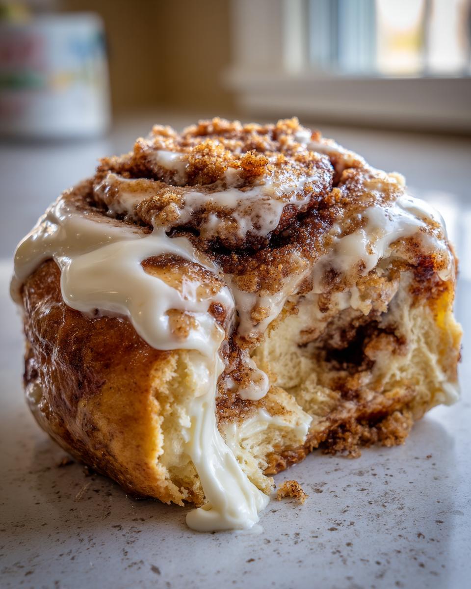 Close-up of a bite taken out of a delicious cinnamon roll cheesecake, showing gooey icing dripping down.