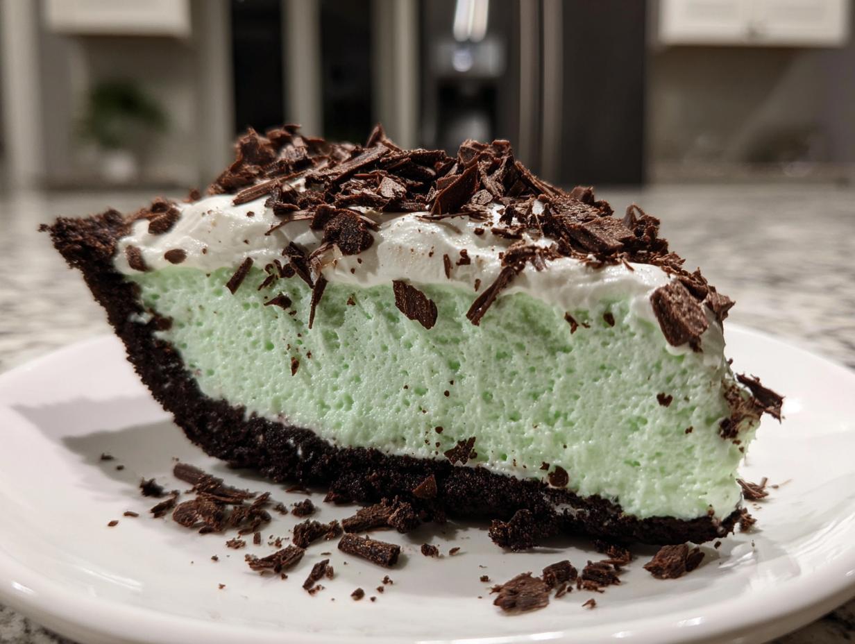 A close-up of a slice of light green grasshopper pie featuring a dark chocolate crust, creamy filling, and topped with whipped cream and chocolate shavings.