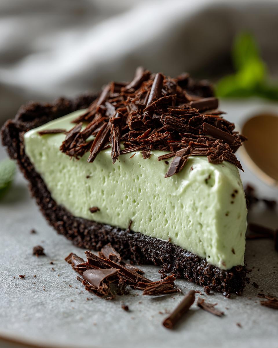 A close-up of a slice of light green grasshopper pie featuring a dark chocolate crust and topped with dark chocolate shavings.