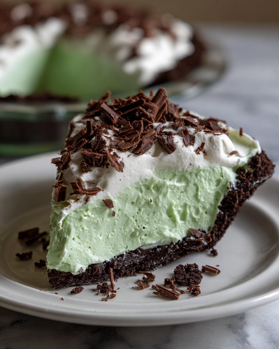A close-up slice of vibrant green grasshopper pie with a dark chocolate crust, topped with whipped cream and dark chocolate shavings.