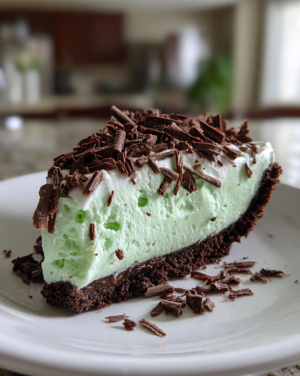A close-up of a slice of grasshopper pie featuring a thick, light green mint filling on a dark chocolate crust, topped with whipped cream and chocolate shavings.