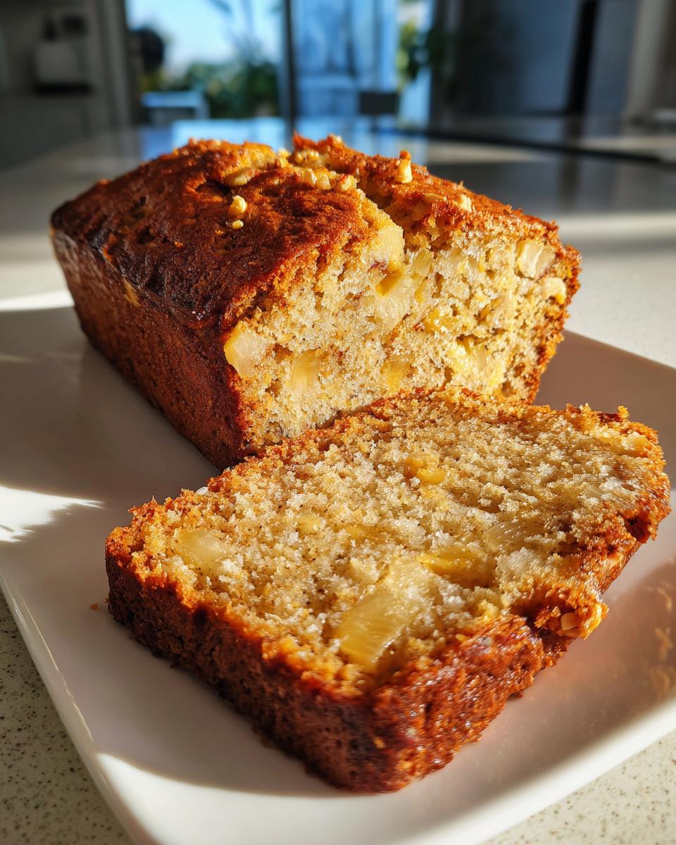 A freshly baked loaf of hawaiian banana bread, partially sliced, showing moist crumb and chunks of fruit.