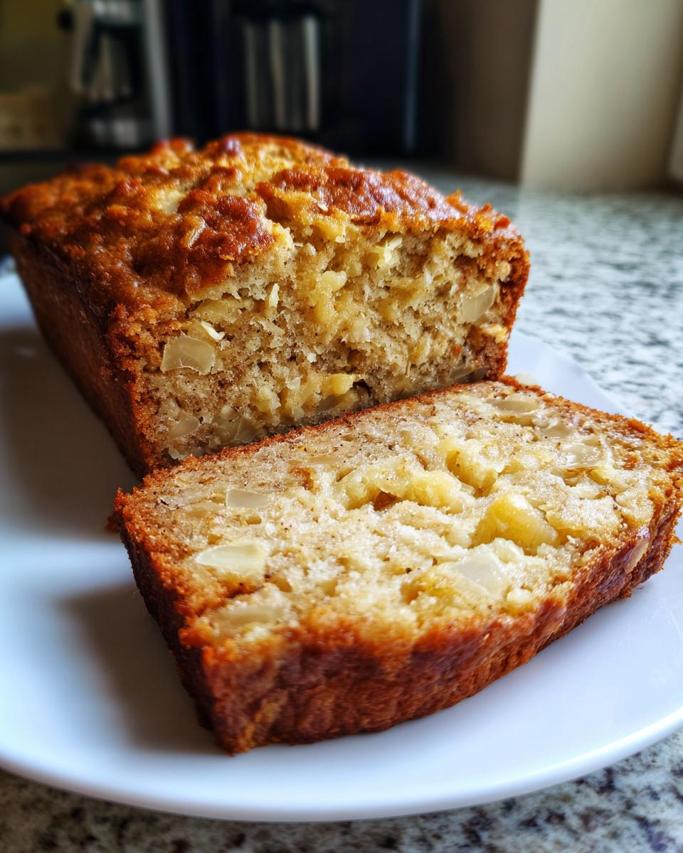 Close-up of a slice of moist hawaiian banana bread showing visible chunks of fruit inside.
