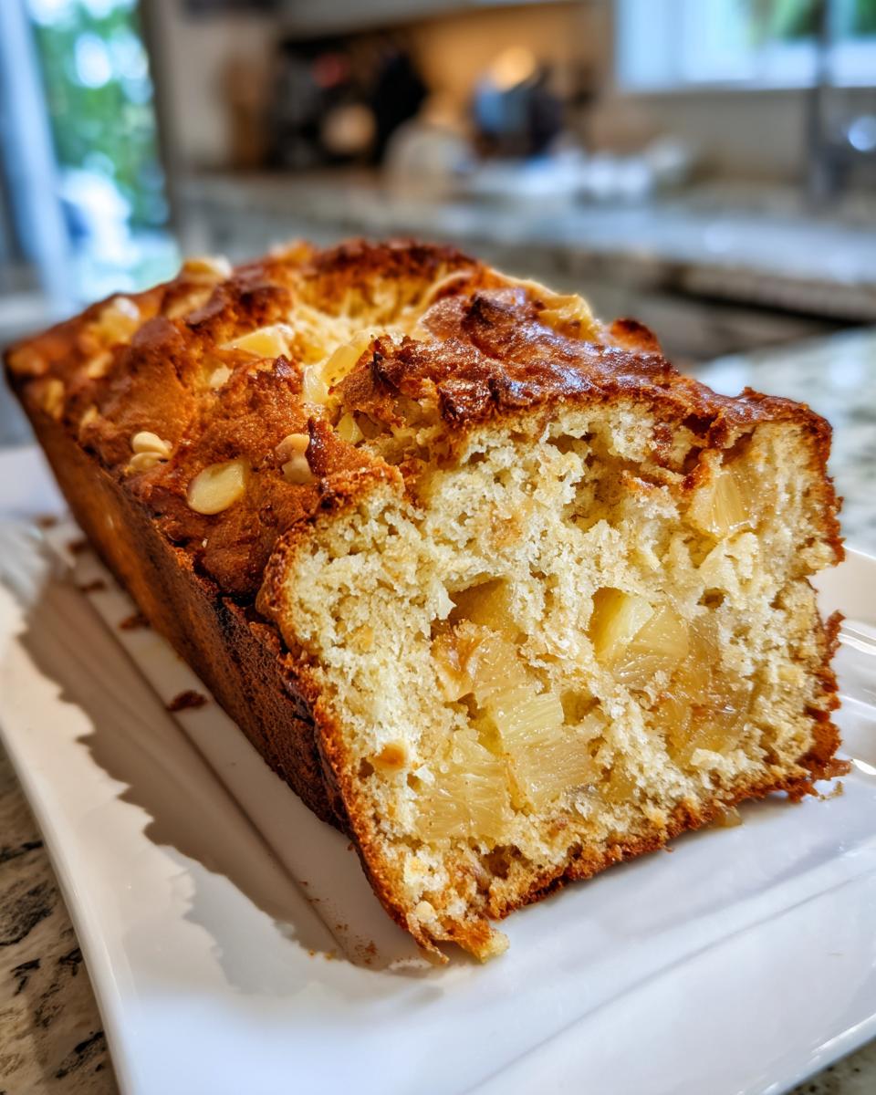 Close-up of a slice of hawaiian banana bread showing moist crumb and chunks of pineapple baked inside.