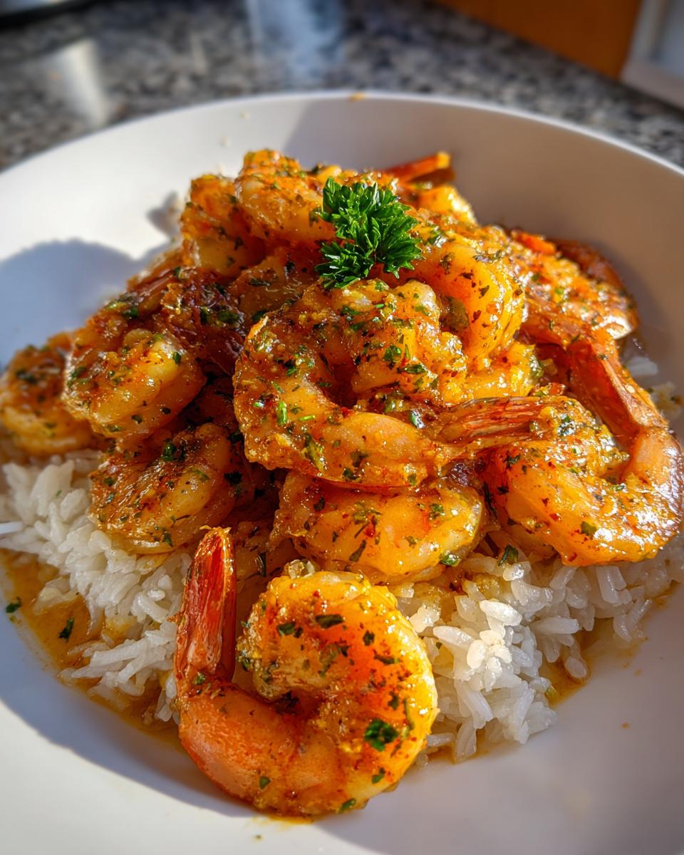 A close-up of juicy hawaiian garlic shrimp coated in a rich, buttery sauce and served over a bed of white rice, garnished with parsley.
