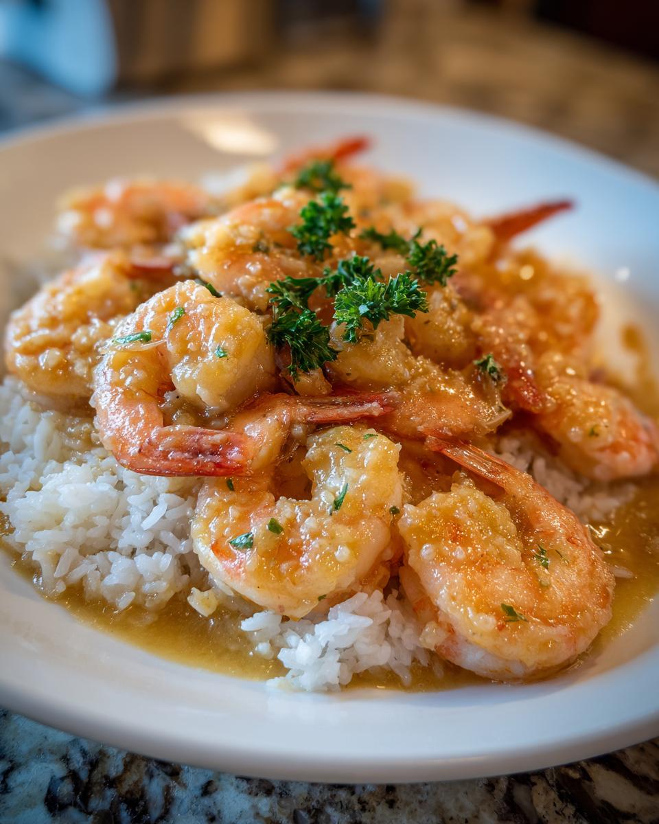 Close-up of succulent Hawaiian garlic shrimp coated in a rich sauce, served over a bed of white rice and garnished with parsley.