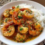 Close-up of a white bowl filled with succulent hawaiian garlic shrimp swimming in buttery sauce, served next to fluffy white rice.