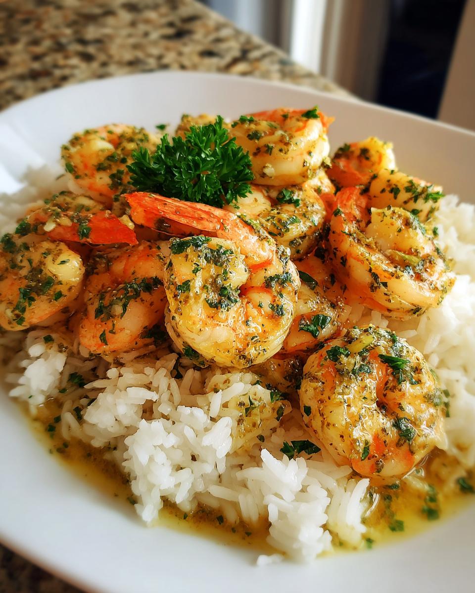 Close-up of juicy hawaiian garlic shrimp served over white rice, garnished with parsley.