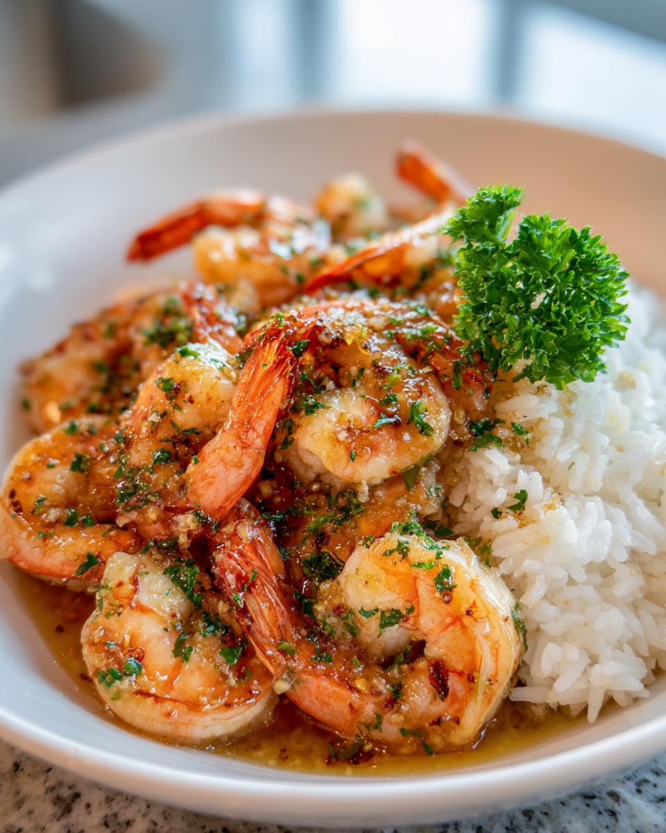 Close-up of juicy hawaiian garlic shrimp coated in a buttery garlic sauce, served next to white rice and garnished with parsley.