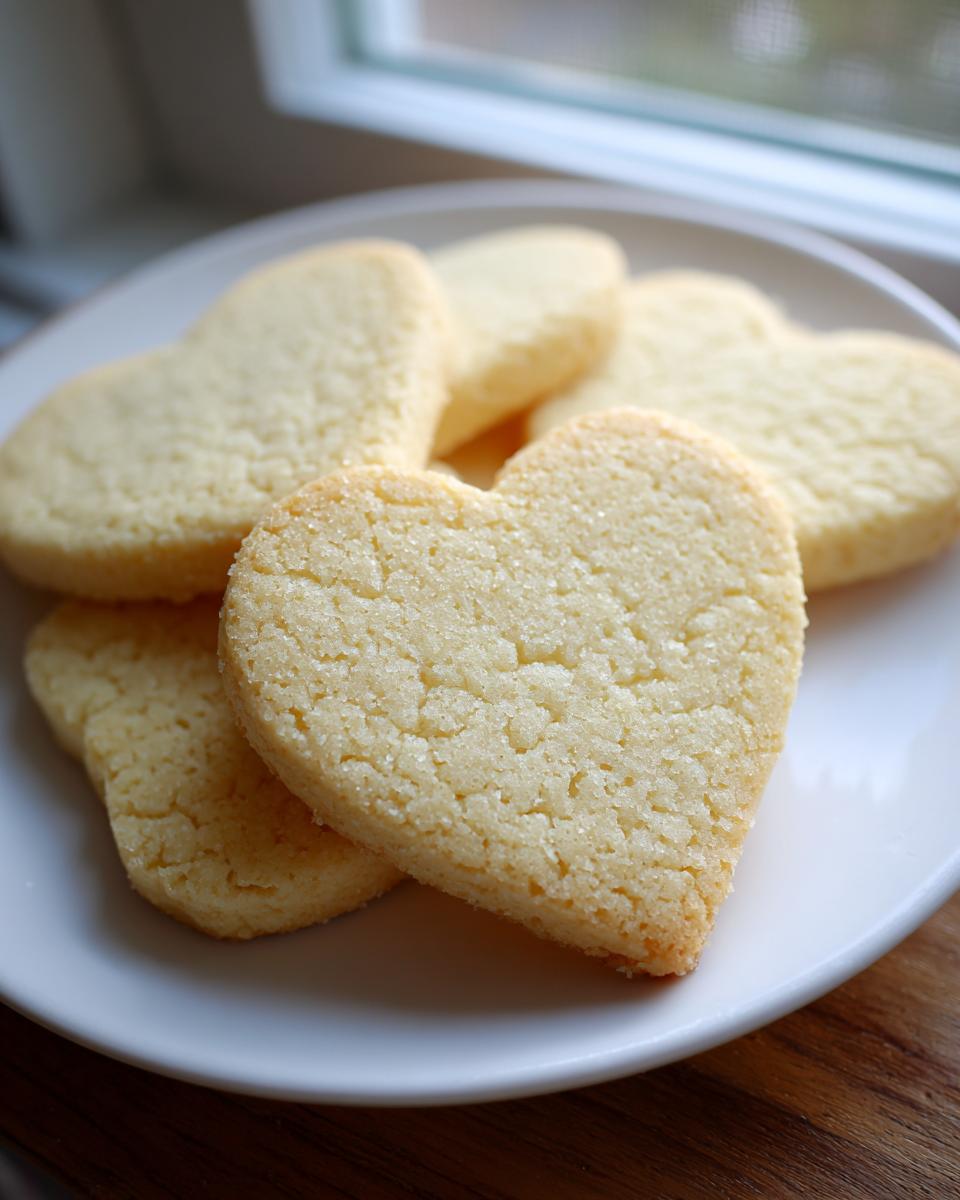 Close-up of several soft, heart-shaped sugar cookie cutouts sprinkled with sugar on a white plate.