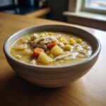 A close-up of a hearty bowl of creamy chicken corn chowder with visible shredded chicken, potatoes, and carrots.