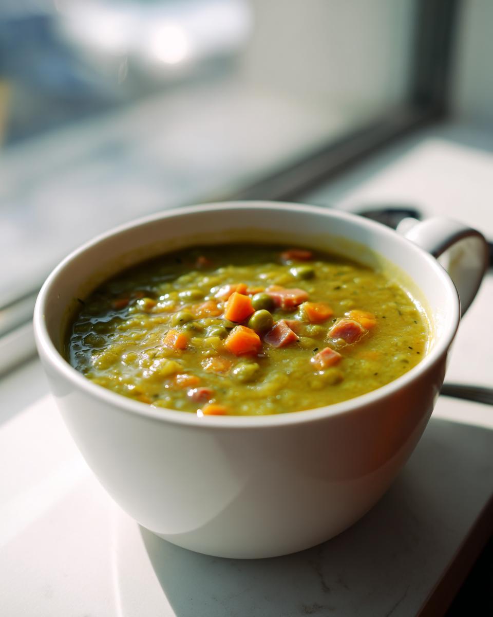 Close-up of a thick, green pea soup topped with diced ham and bright orange carrots in a white mug.