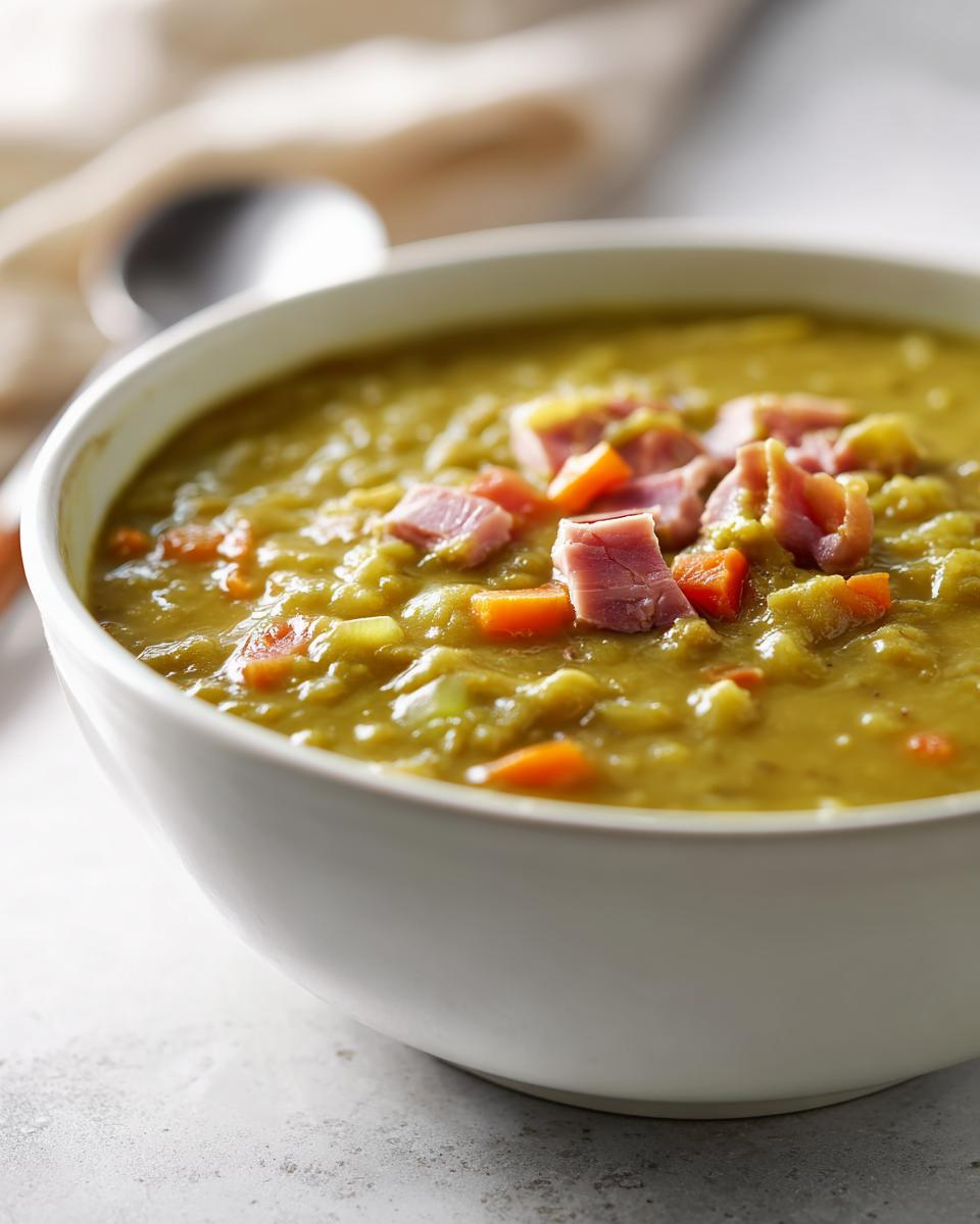 Close-up of a thick, green pea soup in a white bowl, garnished with diced ham and carrots.