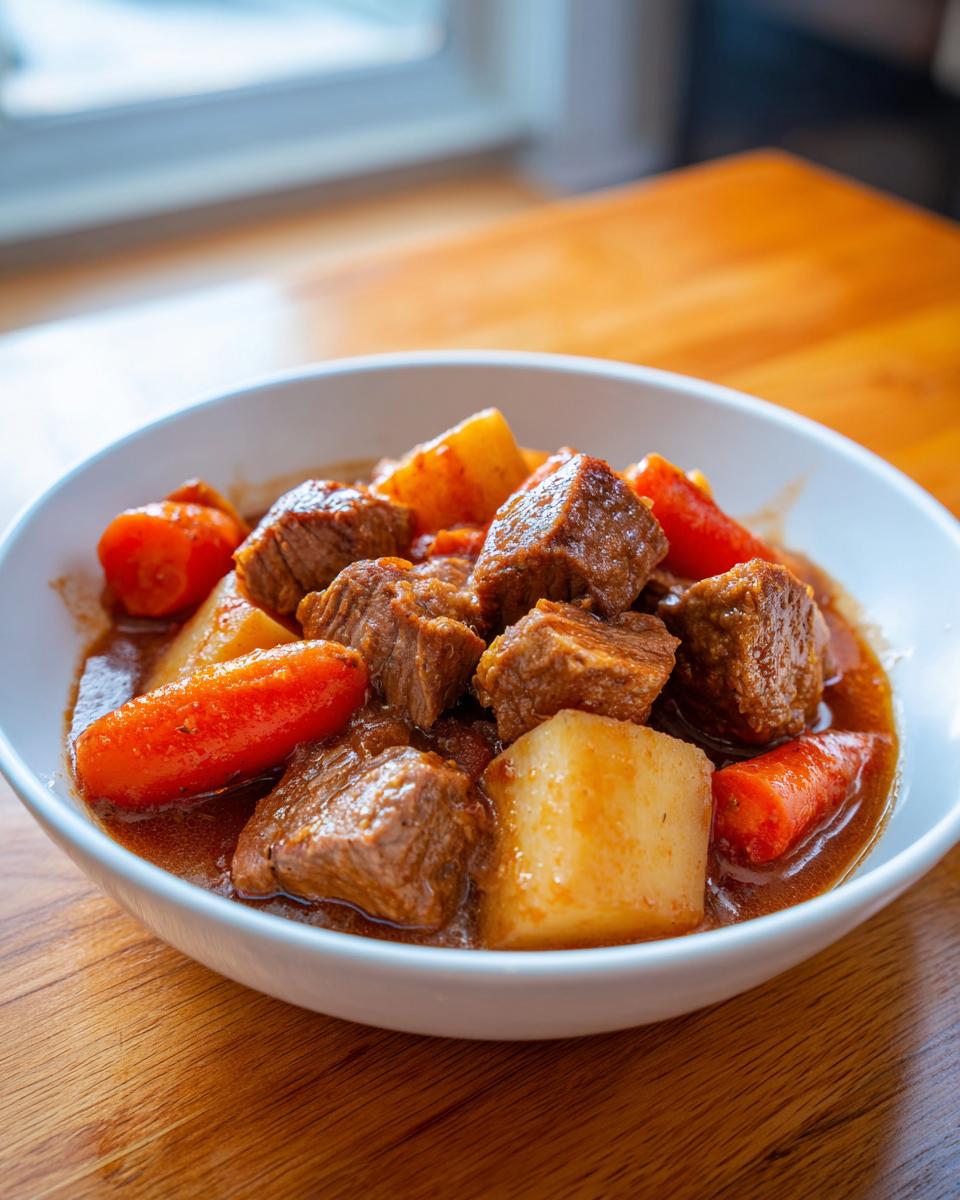 Close-up of tender chunks in a rich sauce, featuring carrots and potatoes in a delicious pork stew.