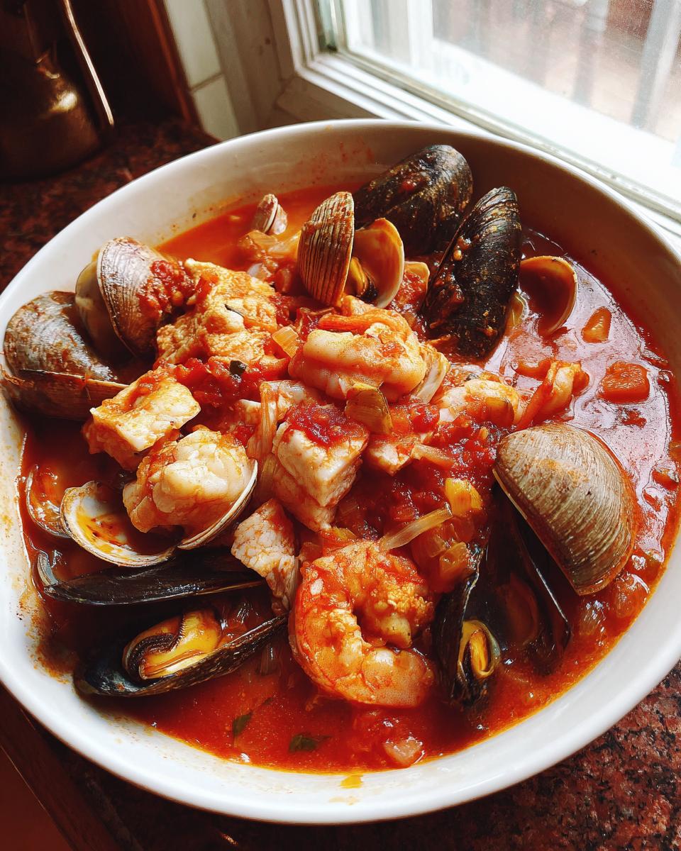 A close-up of a rich, tomato-based seafood soup filled with white fish, shrimp, mussels, and clams.