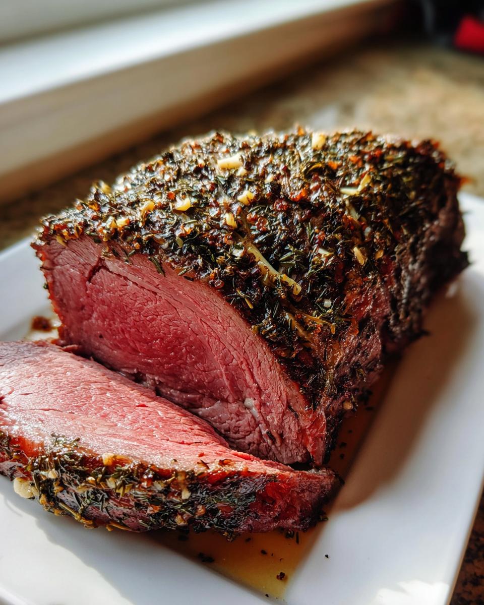 Close-up of a medium-rare prime rib recipe roast, sliced to show the juicy pink interior and dark herb crust.