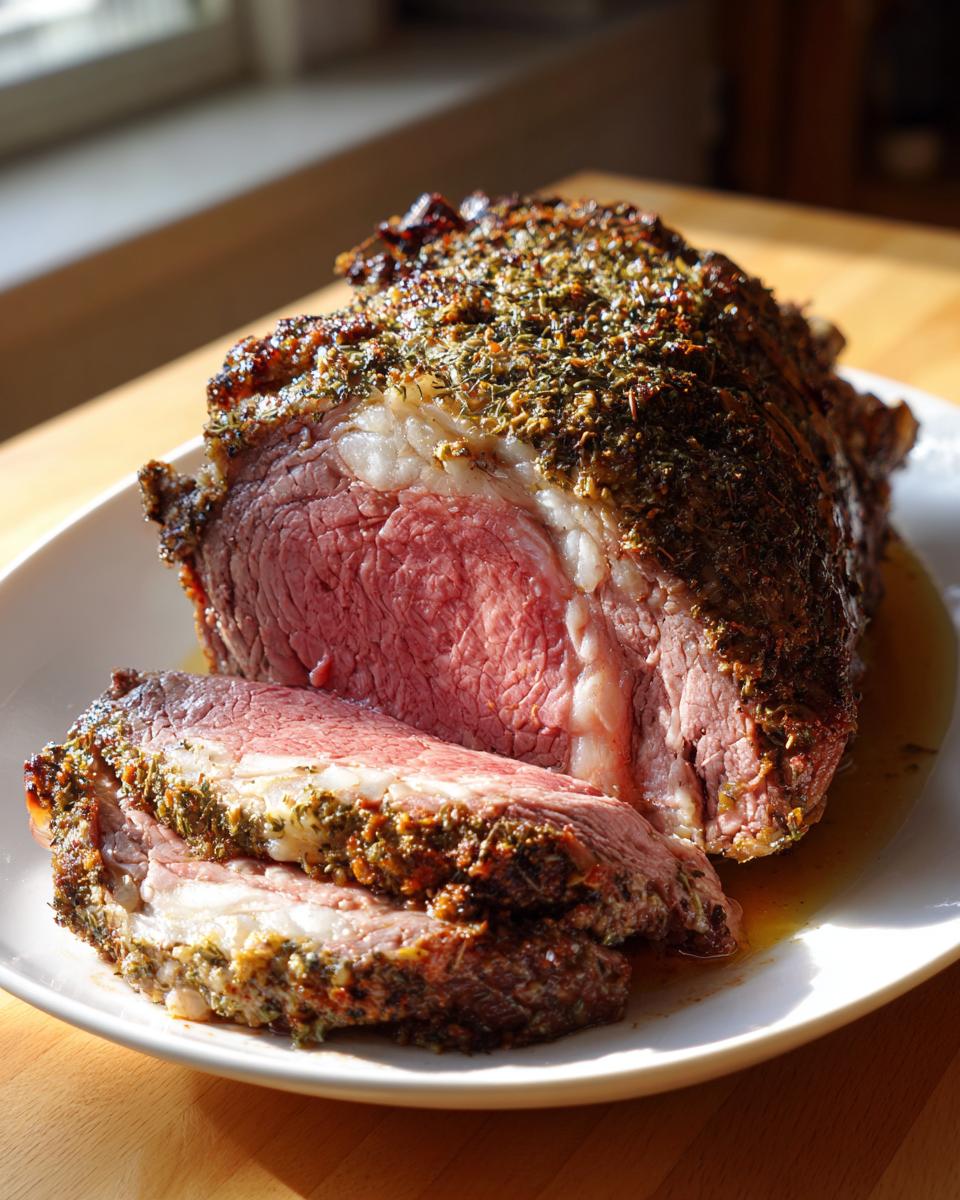 A beautifully roasted prime rib, crusted with herbs, sliced to show a perfect medium-rare center.