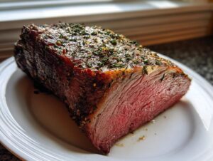 A perfectly cooked, medium-rare rib roast with a dark, herbed crust resting on a white plate.