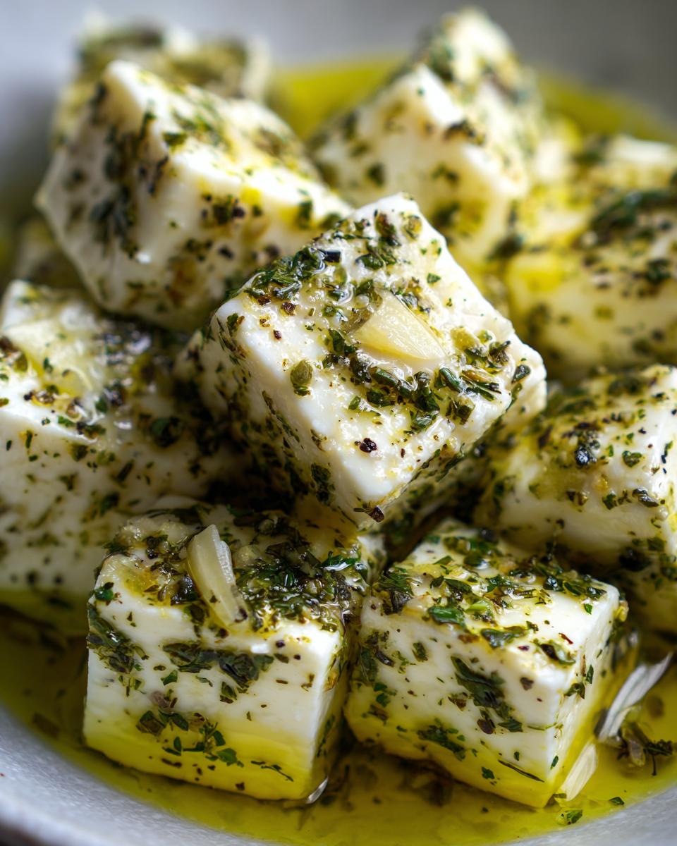 Close-up of white cheese cubes generously coated in green herbs and submerged in olive oil, showcasing the marinated cheese recipe.