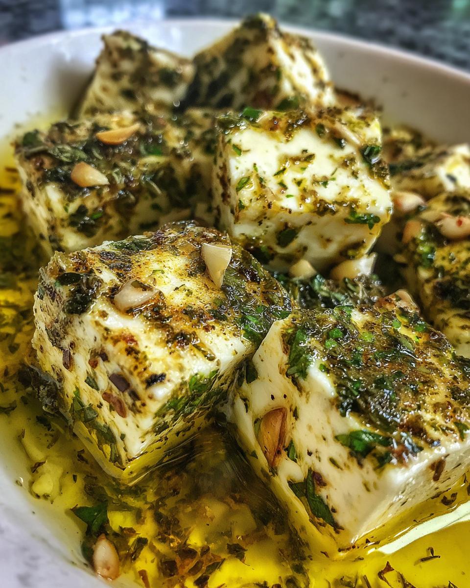Close-up of white cheese cubes soaking in olive oil with herbs and garlic for marinated cheese.