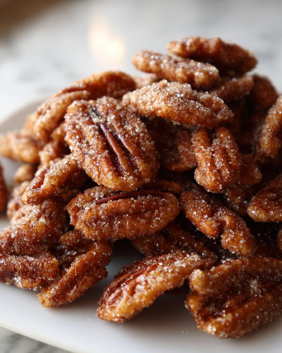 A close-up pile of freshly made candied pecans coated in sparkling sugar crystals.
