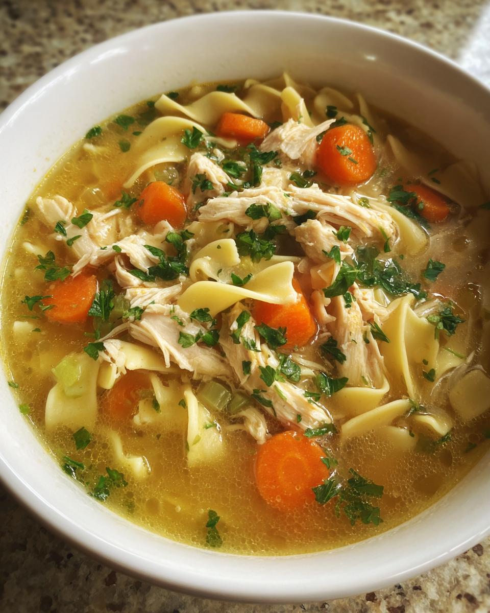 Close-up of a white bowl filled with rich chicken noodle soup, featuring shredded chicken, carrots, and parsley.