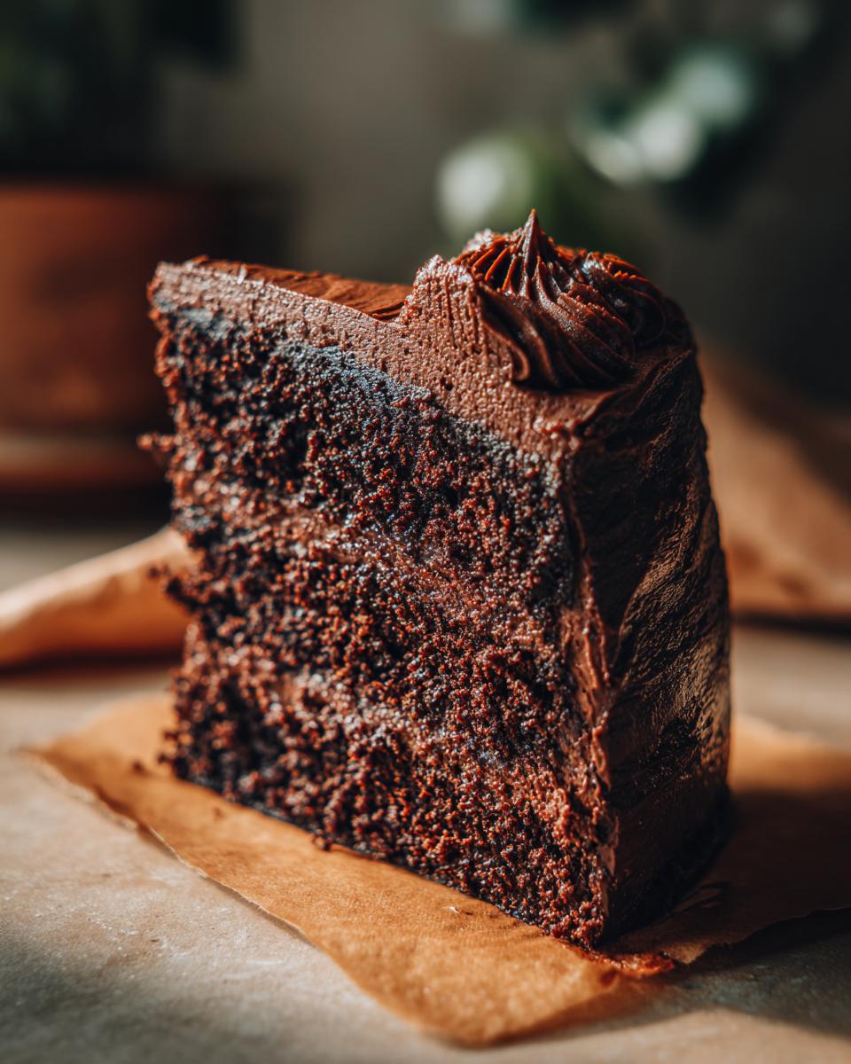 Close-up of a rich, dark slice of homemade chocolate cake showing its moist crumb and thick chocolate frosting.