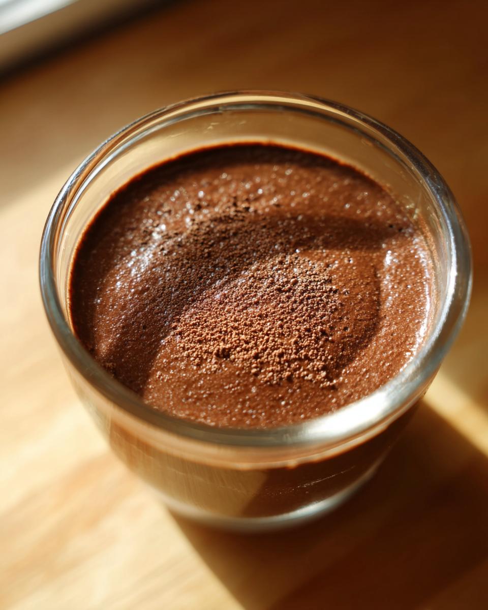 Close-up of rich homemade chocolate pudding topped with cocoa powder in a clear glass.