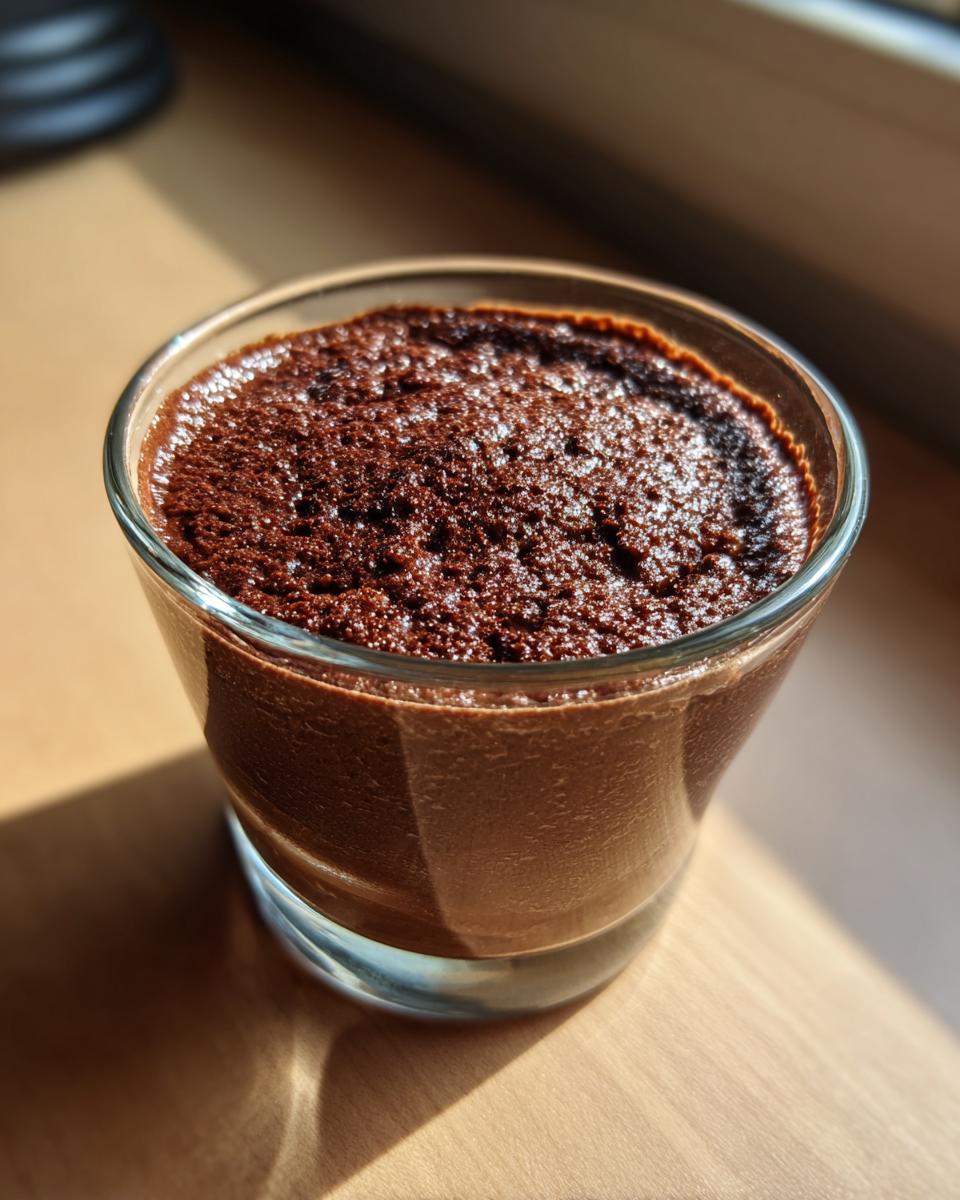 Close-up of rich homemade chocolate pudding with a slightly textured top, served in a small glass.