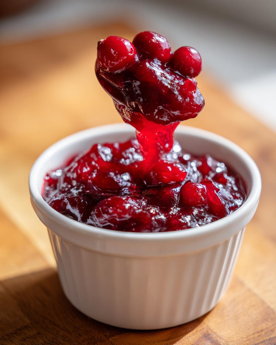 A spoonful of glistening, homemade cranberry sauce with whole berries being lifted from a white ramekin.