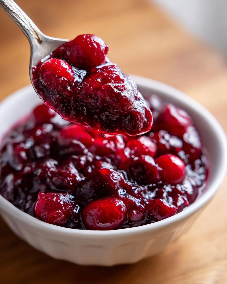 Close-up of homemade cranberry sauce, with whole berries visible, being scooped from a white bowl with a silver spoon.