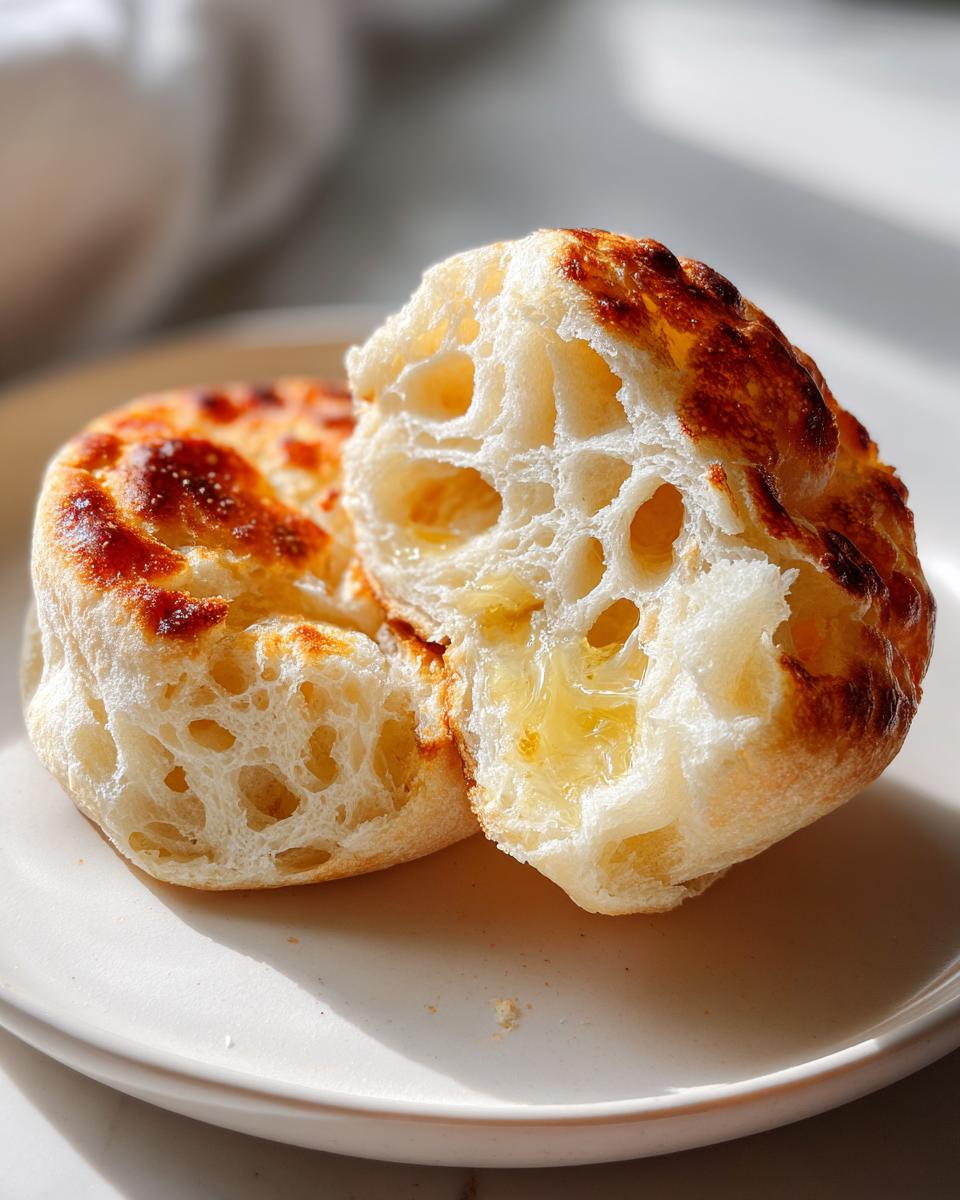 Close-up of a homemade english muffin split open showing large air pockets and melted butter inside.