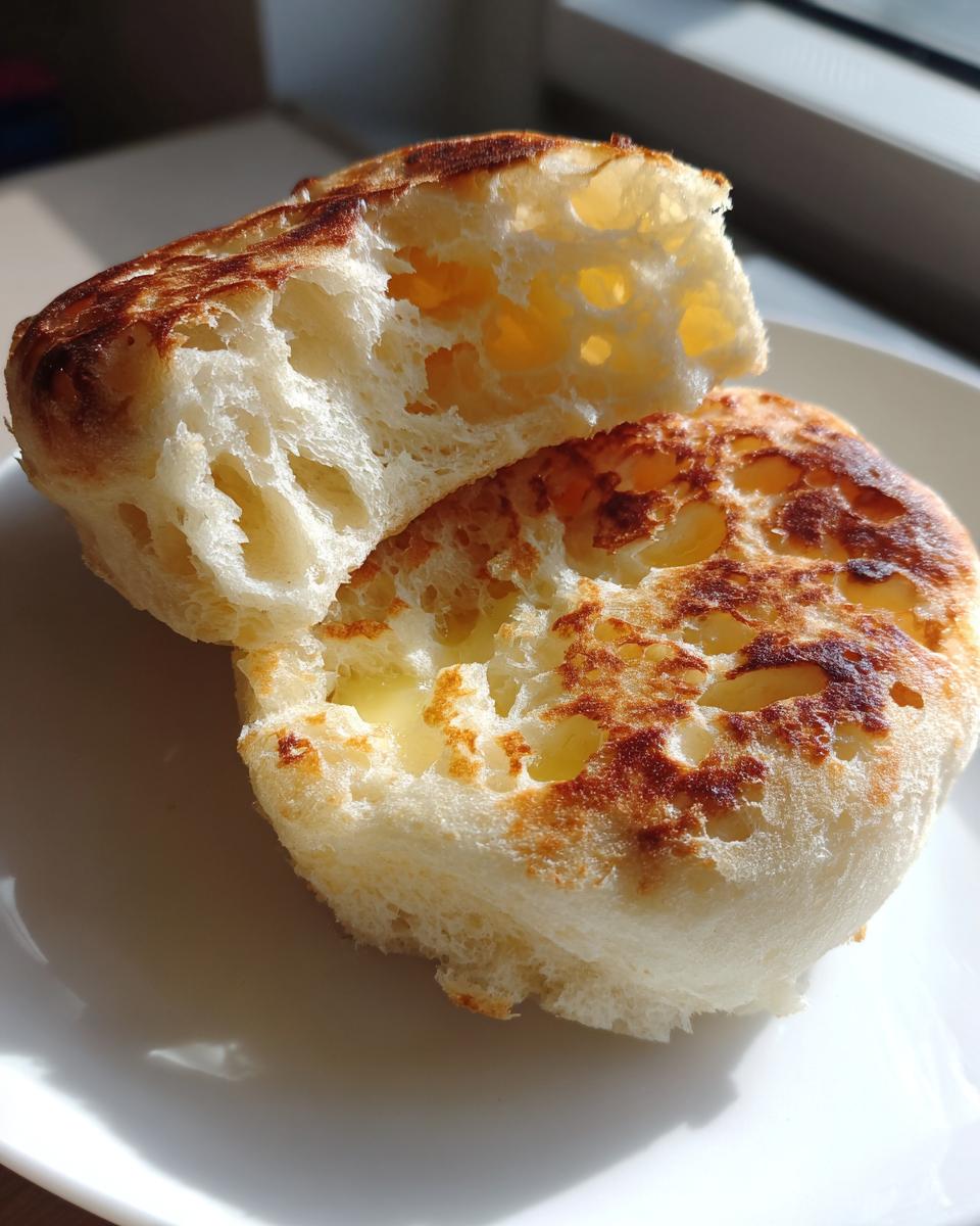 Close-up of a homemade English muffin split open, showing the signature nooks and crannies texture.