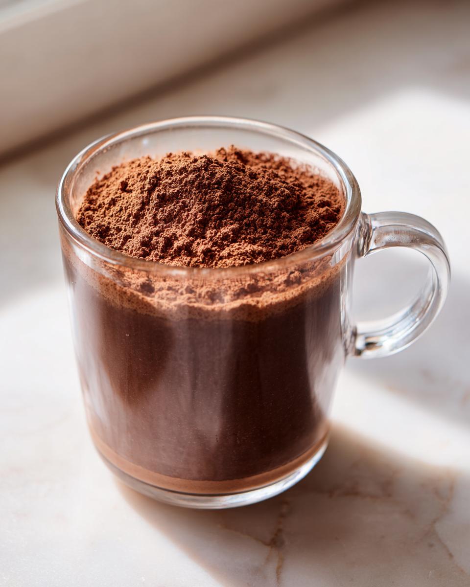 Close-up of rich brown homemade hot cocoa mix powder filling a clear glass mug.