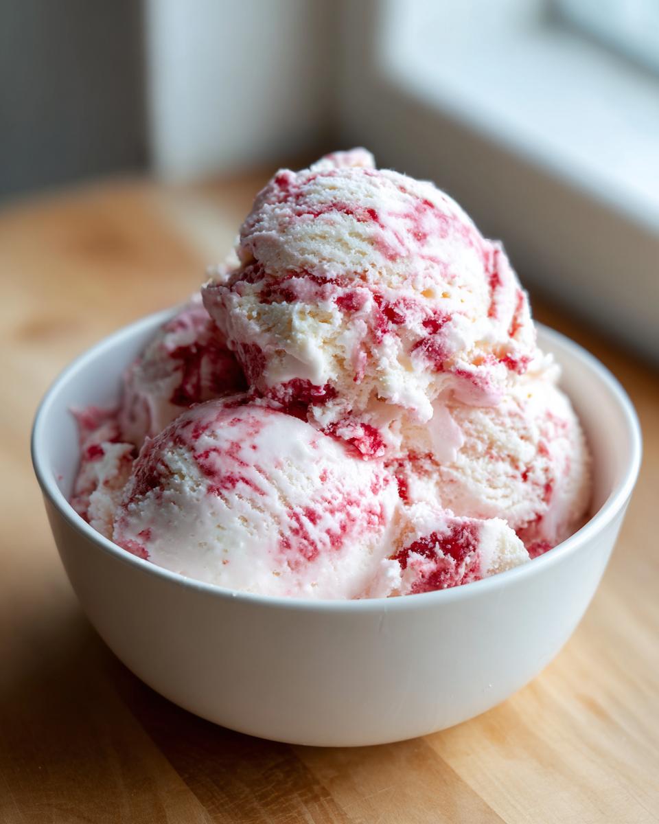 Three scoops of creamy, homemade strawberry ice cream with visible red swirls in a white bowl.