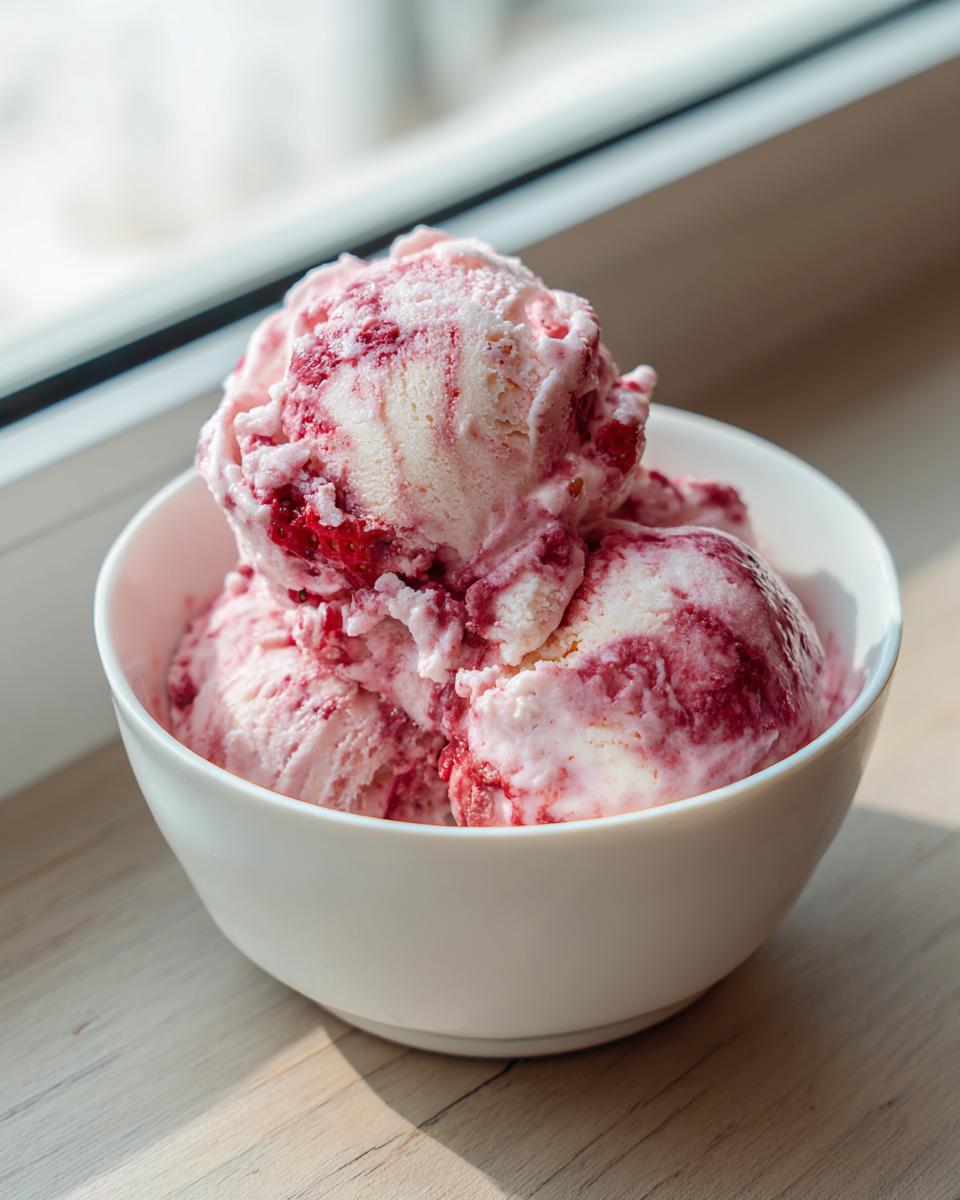 Three scoops of creamy, swirled strawberry ice cream served in a white bowl near a window.