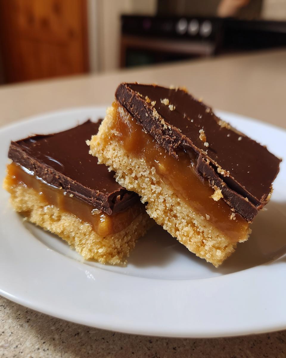 Two delicious homemade twix bars featuring a shortbread base, gooey caramel, and a chocolate topping, served on a white plate.
